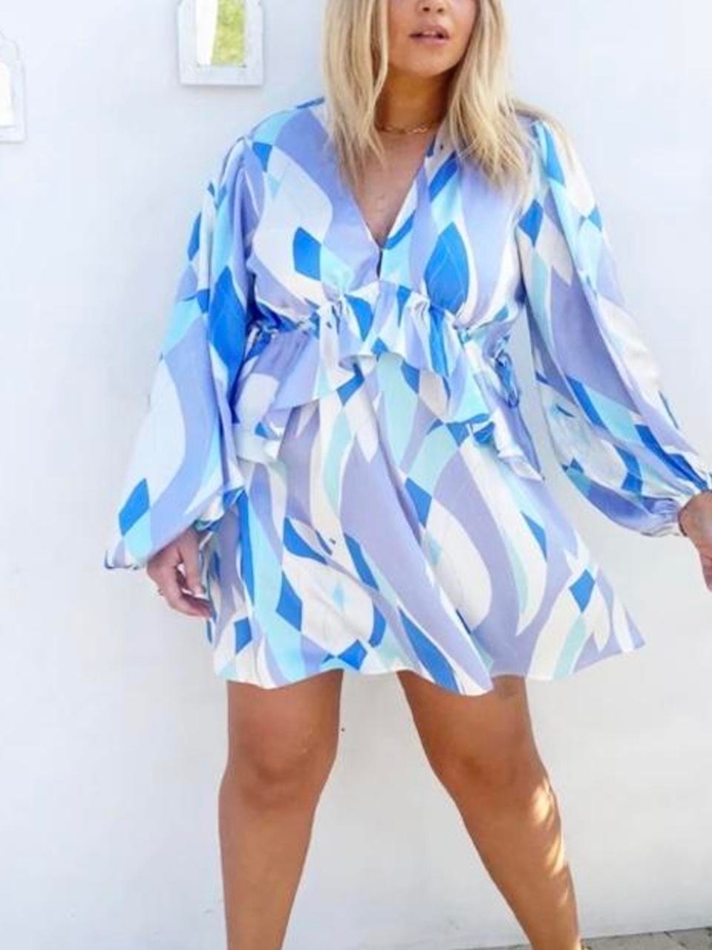 Never Fully Dressed Summer Swirl Ruffle Mini Dress with Long Sleeves
